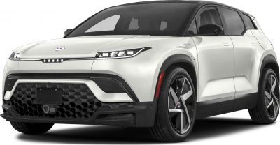 Front view of electric SUV with sleek LED headlights and aerodynamic design