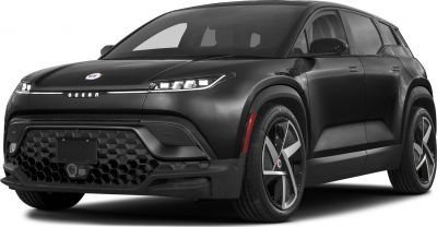 Front view of black electric SUV with LED headlights and hexagonal grille