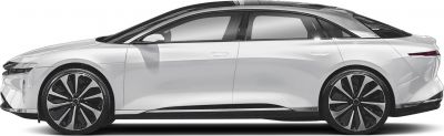 Sleek electric sedan side view with aerodynamic design and large multi-spoke wheels