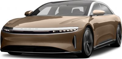 Front view of a sleek electric sedan with slim LED headlights