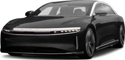 Front view of sleek electric sedan with LED light strip and aerodynamic design