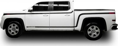 Side view of an electric crew cab pickup with black trim and white paint