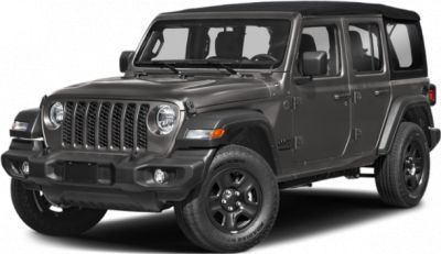 Front and side view of a rugged four-door SUV with soft top and black wheels