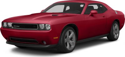 Front and side view of a red muscle car with classic grille and sporty wheels