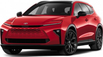 Front view of a red SUV with sleek grille and black wheels