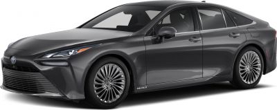 Front-side view of sleek fuel cell sedan with aerodynamic design and alloy wheels