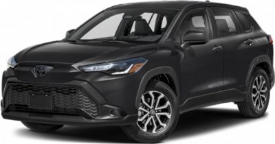 Front side view of a black SUV with sharp headlights and prominent grille