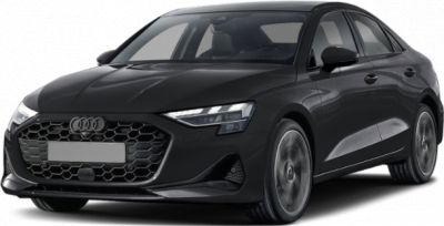 Black sedan front view with LED headlights and hexagonal grille