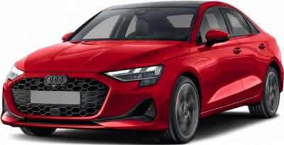 Red hatchback with hexagonal grille and LED headlights front angled view