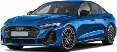 Front and side view of a blue sports hatchback with aggressive grille and alloy wheels