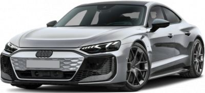 Front and side view of sleek electric sports sedan with dynamic headlights and aerodynamic design