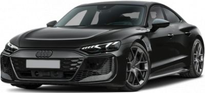 Front view of sleek black electric sports sedan with LED headlights and sporty wheels