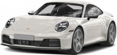 White sports coupe front view with aerodynamic design and LED headlights