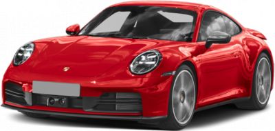 Front view of a sleek red sports coupe with aerodynamic design and rounded headlights