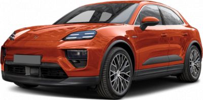 Front view and side profile of orange electric SUV with LED headlights.