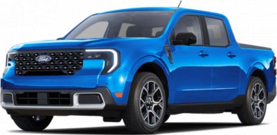 Blue 2025 pickup truck front three-quarter view with updated grille and headlights