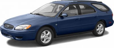 Side profile of a blue station wagon with elongated body and four doors