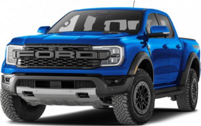 Blue pickup truck front angle with bold grille and off-road tires