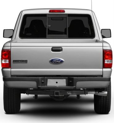 Rear view of pickup truck with tailgate, taillights, and cargo bed