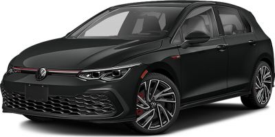 Front view of black sporty hatchback with LED headlights and alloy wheels