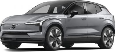 Electric SUV front side view with distinctive headlights and aerodynamic design