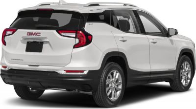Rear side view of white SUV with distinctive taillights and roof spoiler