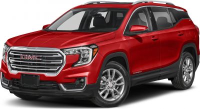 Chrome grille and LED headlight design with alloy wheels on red SUV