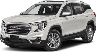 Front-side view of SUV with chrome grille and LED headlights