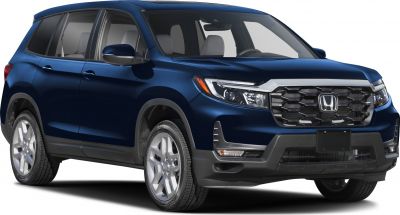 Bold front grille and LED headlights on blue SUV front side