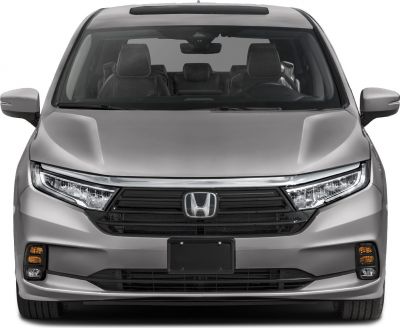 Front view with LED headlights and wide grille