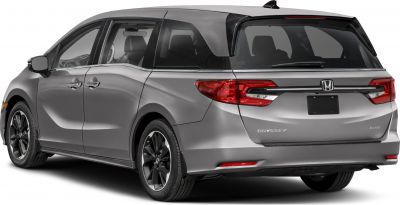 Rear view of a minivan with modern tail lights and black alloy wheels