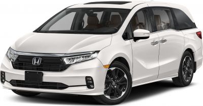 Minivan front and side with LED headlights and sleek aerodynamic design