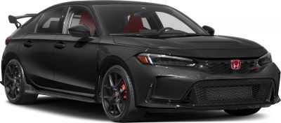 Black sporty hatchback with front grille, alloy wheels, and rear spoiler
