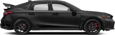Side profile with sport wheels, red brake calipers, and large rear spoiler