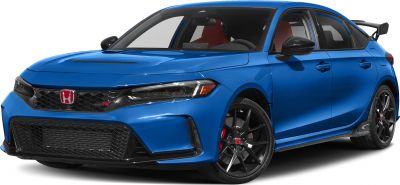 Sporty hatchback front, side angle with aerodynamic styling and rear spoiler