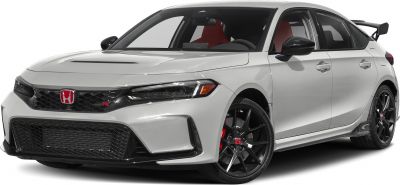 Sporty hatchback front and side view with aerodynamic wing and aggressive styling