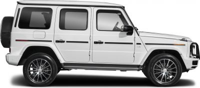White long SUV with V8 badge and alloy wheels side profile