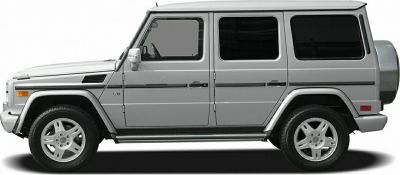 Side view of a boxy SUV with V8 emblem and silver wheels