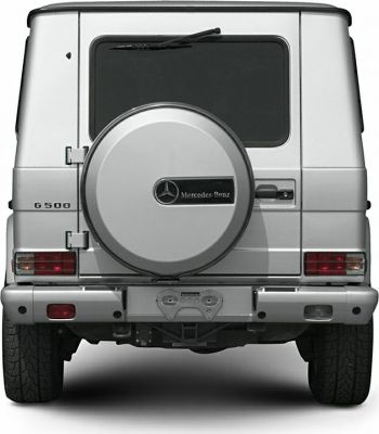 Rear view of long SUV with spare tire cover and tail lights