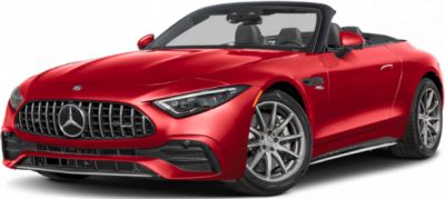Front view of red convertible with sleek grille and modern headlights
