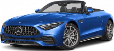 Front side view of a blue convertible with distinctive grille and silver wheels