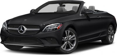 Front and side view of a black convertible with alloy wheels and open roof