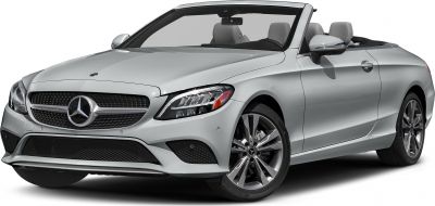 Front view of luxury convertible with LED headlights and open roof