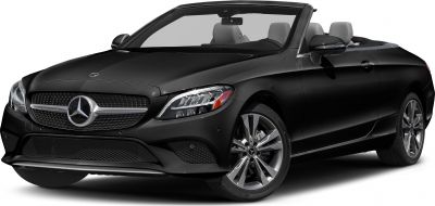 Front view of black convertible with distinctive grille and LED headlights