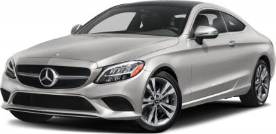 Front and side view of a coupe with prominent grille and headlights