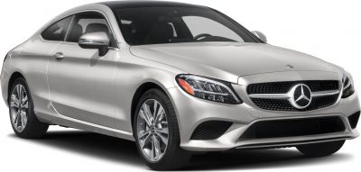 Two-door coupe front and side with LED headlights and distinctive grille