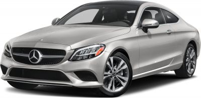 Silver luxury coupe front-side with LED headlights and alloy wheels
