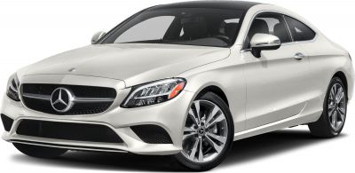 Front view of sleek coupe with detailed grille and headlights