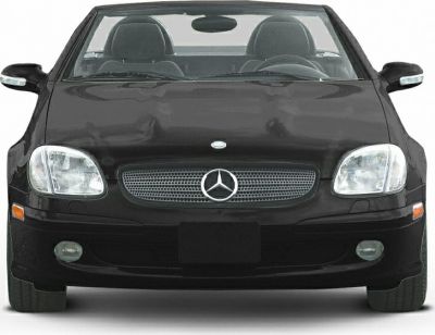 Front view of a black convertible with distinctive grille and headlights