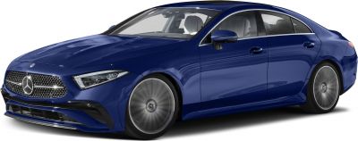 Front-left angled view of a blue luxury coupe with distinctive grille and LED headlights